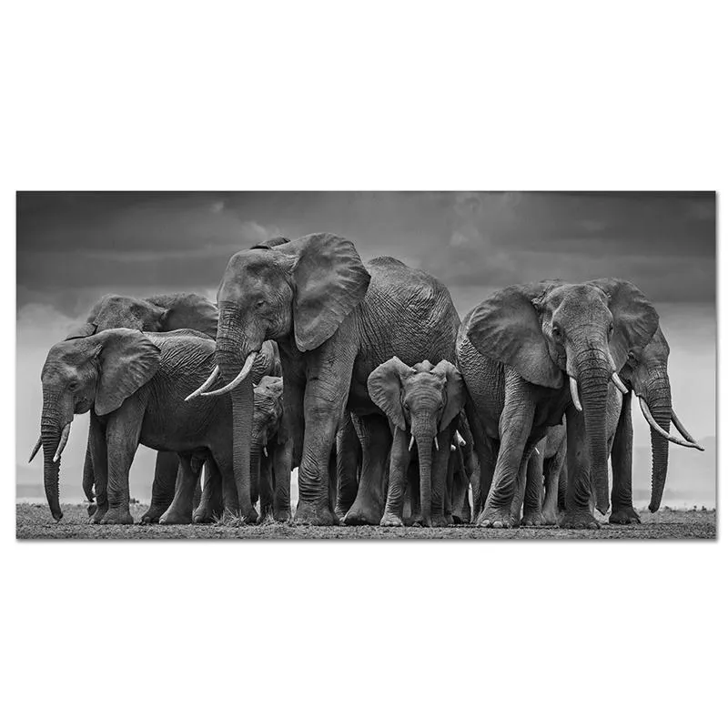 Paintings 70x140cm Black And Gray A Group Of Elephants Modern Wall Pictures Art Vintage Poster Prints Custom Po Printings No FramePaintings