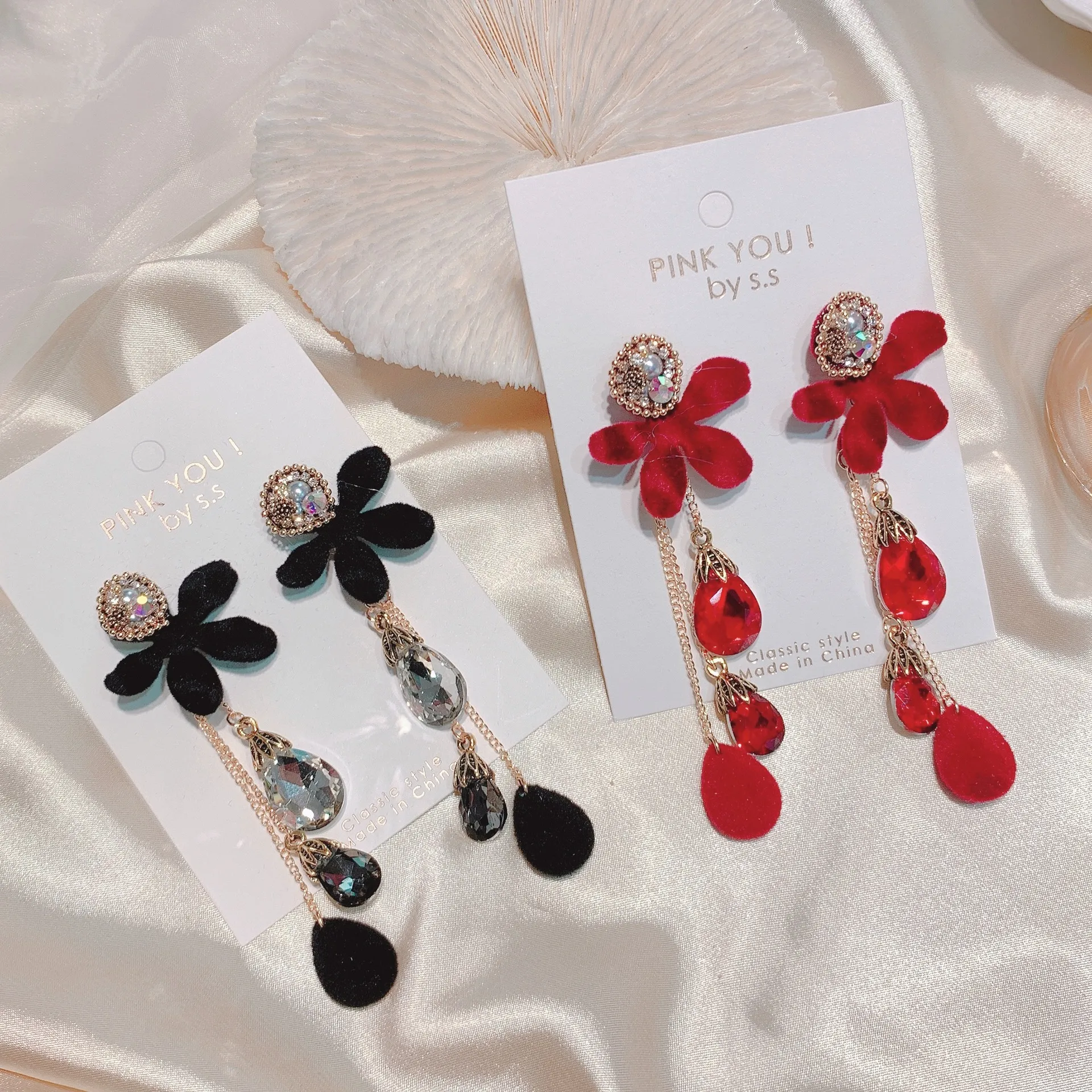 Dangle & Chandelier Korea Elegant Velvet Bowknot Earrings for Women Crystal Water Drop Long Chain Pearl Tassel Dangle Jewelry Gift