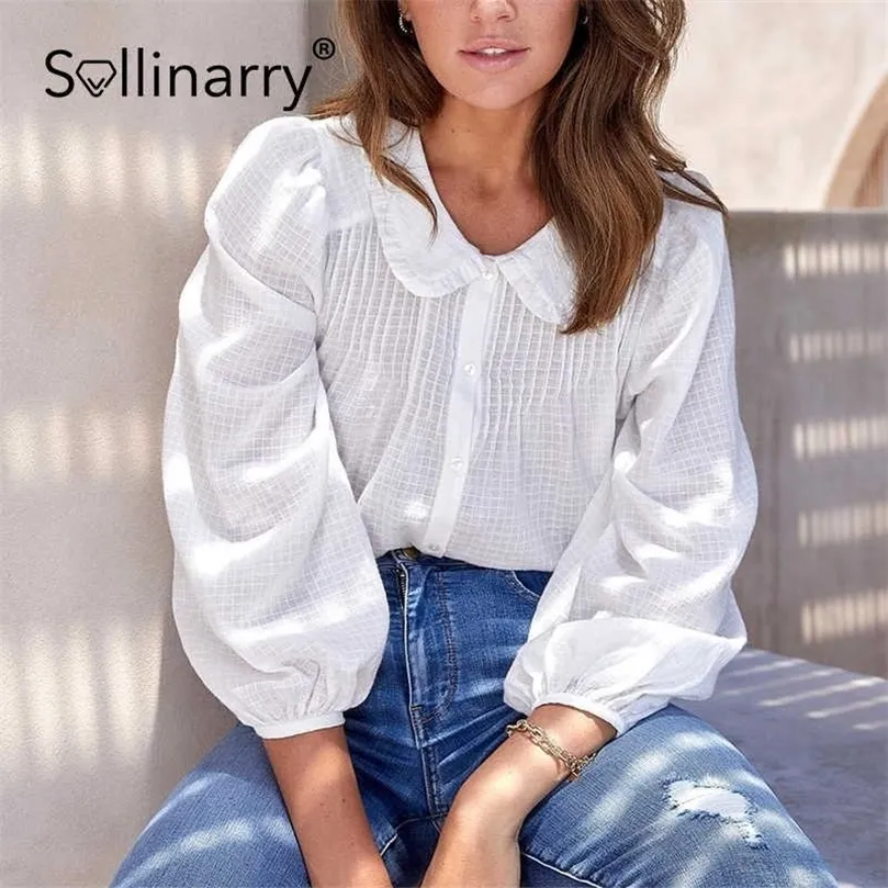 Sollinarry Doll Collar Buttons Causal Gingham Square koszulka Kobiety Kobiety jesienne białe solidne długi rękawa Latarnia bawełna luźna bluzka 210709