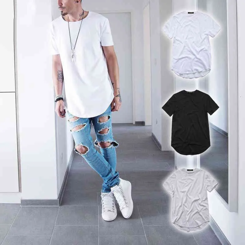 Camiseta de hombre Ropa de calle extendida Camiseta de hombre Dobladillo curvo L nea larga Tops Swag Hip Hop Urban Blank TX135 R