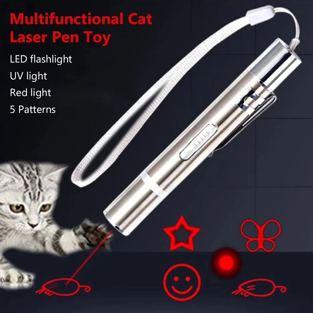 Chog de chat interactif jouet intérieur animal de compagnie de pointeur LED jouet chasseur laser ou outil de formation USB charge plusieurs motifs uv lampe de poche UV