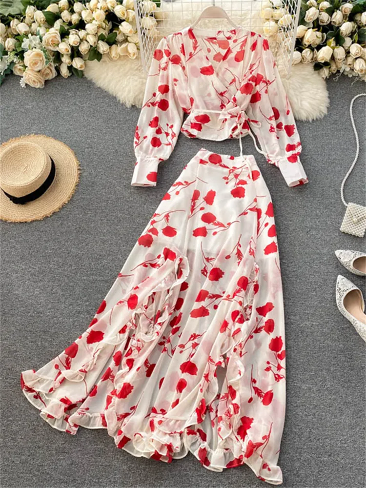 Women Bohemian Fashion Elegant Sipe Skirt مجموعة الأزهار المطبوعة بأكمام طويلة قمم العطلة الشاطئ غير الرسمي Maxi Dress Set CX220420