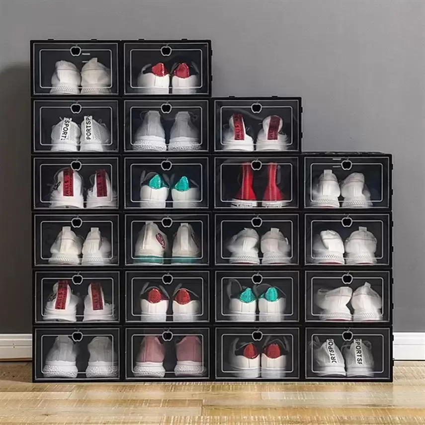새로운!!! 두꺼운 플라스틱 신발 상자 명확한 방진 스토리지 투명 플립 캔디 컬러 쌓을 수있는 신발 주최자 상자 도매