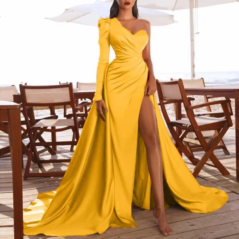 Casual Dresses Women Sexy High Slits Gown Dress Elegant Ladies One Shoulder Tail Banquet Evening Party Long Wedding Guest Maxi Robe