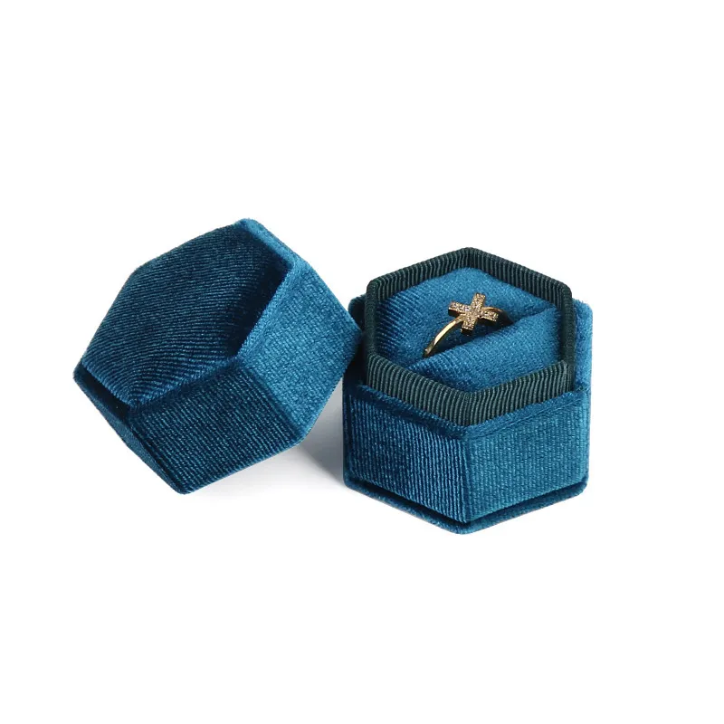 Boîte à bagues hexagonale en velours avec couvercle amovible, étui à bijoux, support de boucles d'oreilles pour demande en mariage, fiançailles, cérémonie de mariage