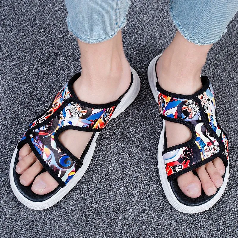 Summer Men's Slippers Fashion Personality Ethnic Style Outdoor Print Thick Sole Comfortable Non-Slip Beach Sandals Factory Direct Sale