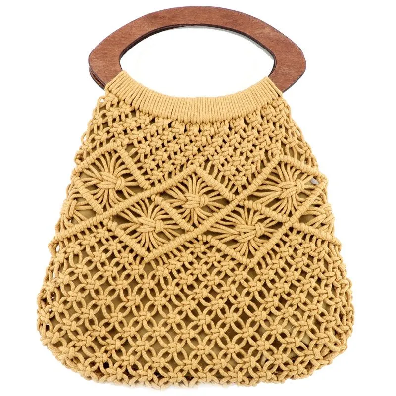 Evening Bags Wooden Handle Portable Cotton Rope Weaving Straw Bag Handmade Net Handbag Beach Plait