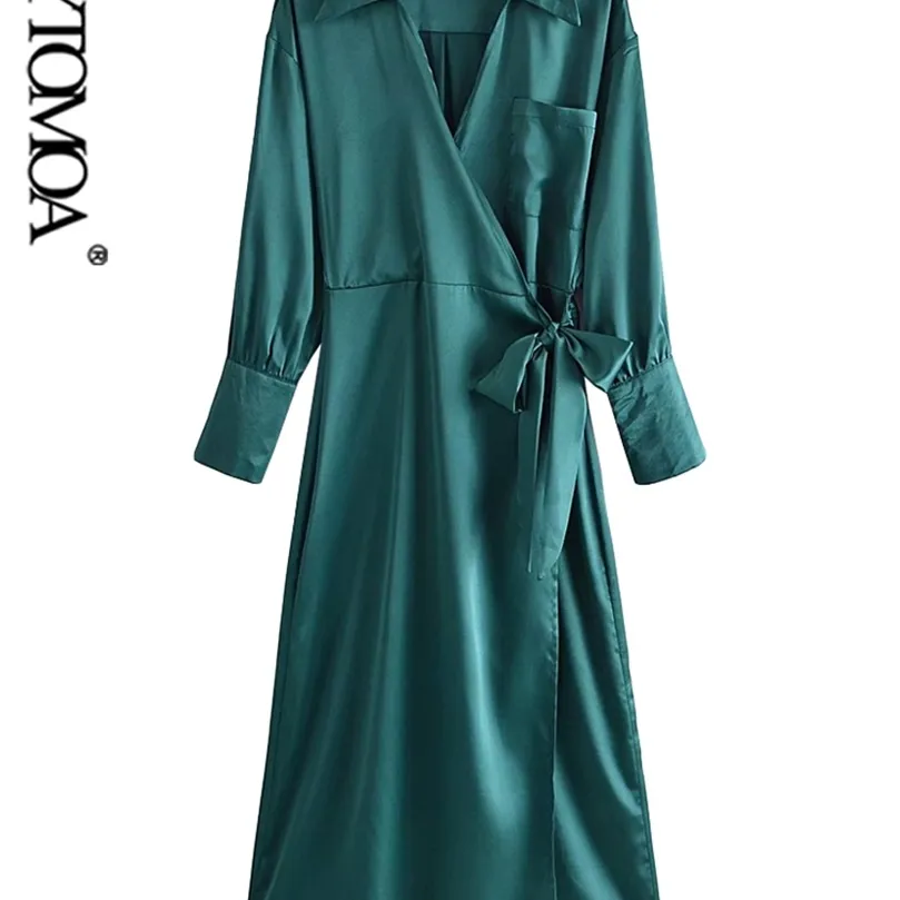 Женская мода с завязанной мягкой сенсорной упаковкой Midi Press Press Vintage с длинным рукавом карманные платья женские женские платья vestidos mujer 220526