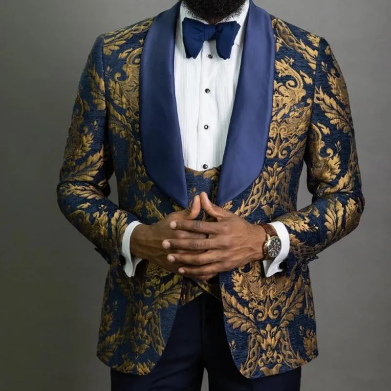Navy Blue Floral Jacquard Slim Fit Gold Floral Suit For Weddings