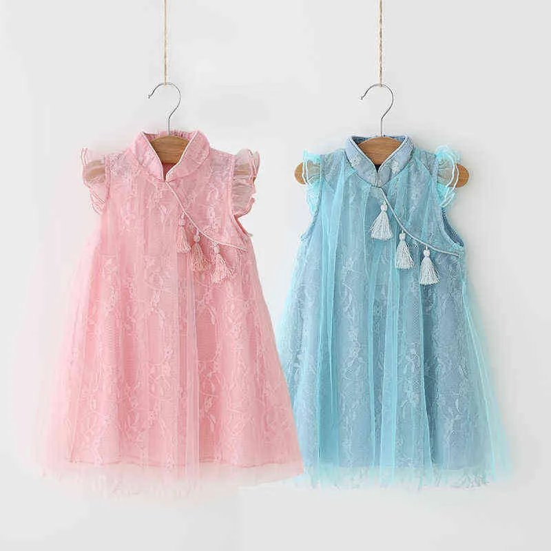 2021 الصيف 2 3 4 5 6 7 8 9 10 سنوات صينية Cheongsam Crew Neck Party Baby Lace Princess Chiffon Dresses for Girls G220518