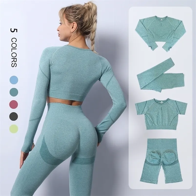 2 pièces ensemble de Yoga sans couture femmes survêtement taille haute Leggings vêtements d'entraînement vêtements de sport Fitness haut court costumes de sport ensemble de gymnastique 220513