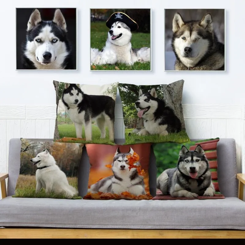 Coussin/oreiller décoratif chien Husky sibérien imprimé housse de coussin 45 cm coussin oreillers en lin taies canapé décor à la maison étui pour animaux de compagnieCoussin/décoratif