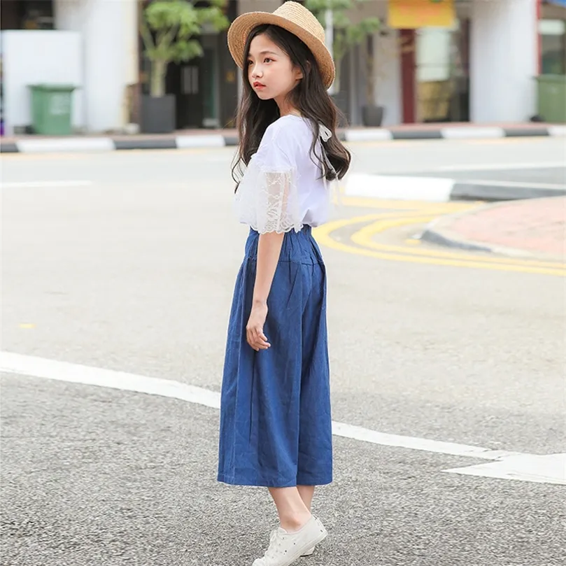 Girls Jeans Solid Trousers for Kids Loose Pants for Girls Wide Leg Pants for Children Cotton Bottoms Teenagers Denim Pants Skirt LJ201203