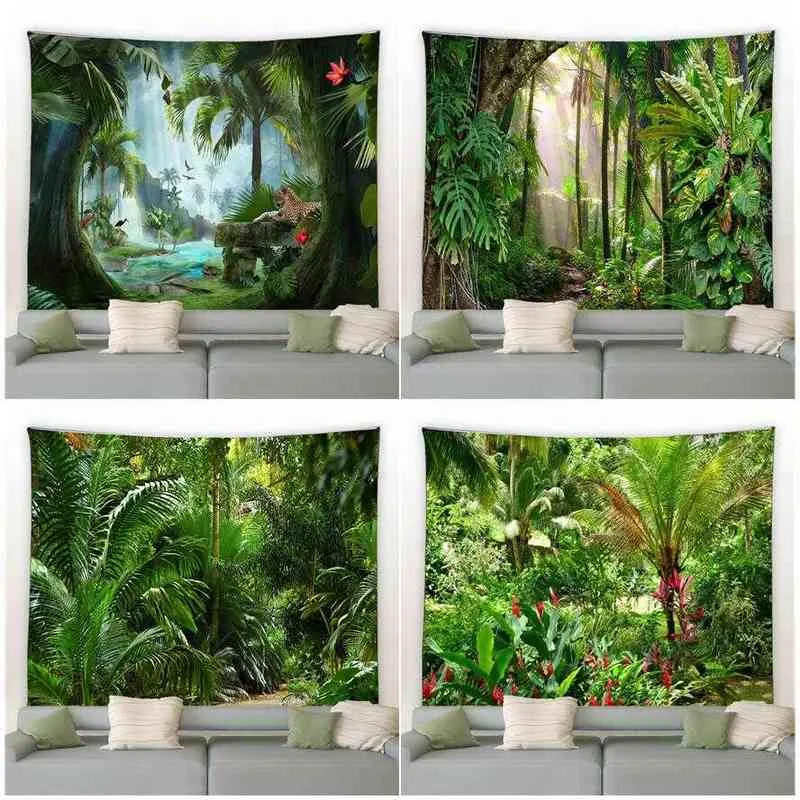 Tropical Jungle Plants Tapestry Forest Palm Tree Monstera Nature Flowers Animal Print Home Living Room Garden Decor Wall Hanging J220804