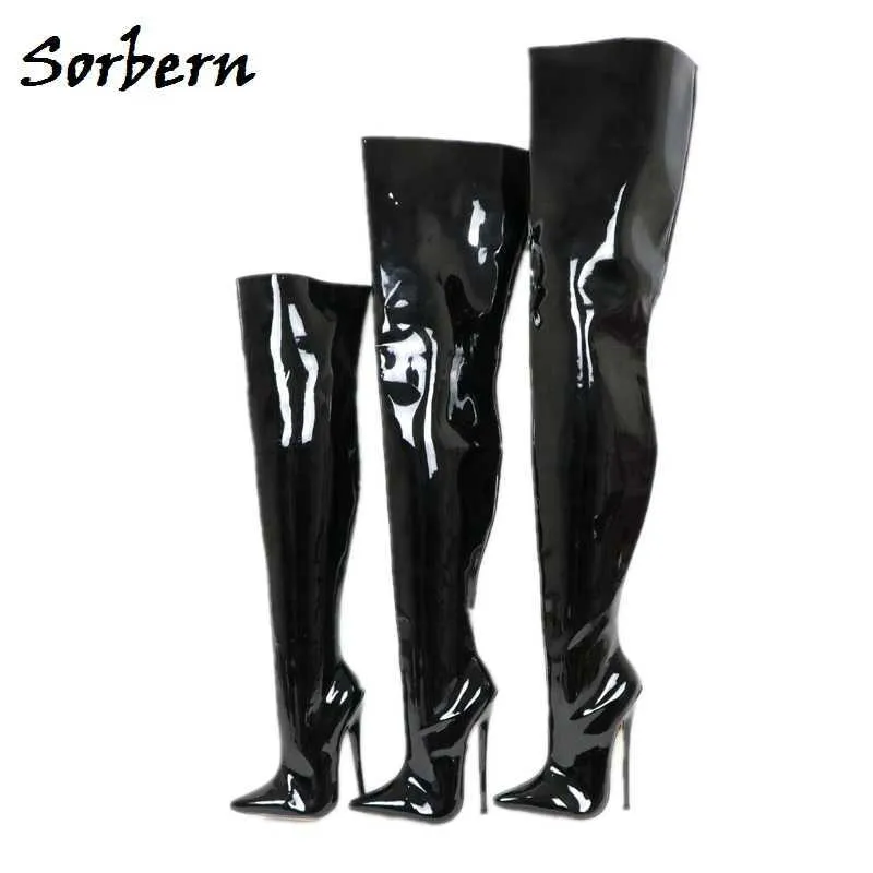 Sorbern Sexy Fetish Boots Женская длинная кроссвязка Boot бедра высокий унисекс пользовательские размеры ноги 18 см 12 см высокие каблуки каблуки обувь