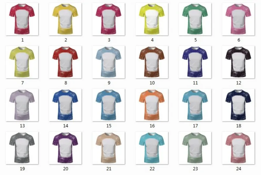 Échantillon de fournitures de fête T-shirt blanchi par sublimation Transfert de chaleur Chemise de blanchiment vierge T-shirts entièrement en polyester Tailles américaines pour hommes femmes 24 couleurs