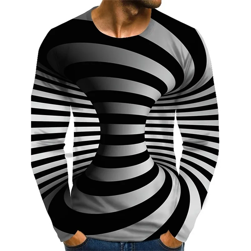 Homme Illusion d'optique graphique grande taille T-Shirt imprimé quotidien à manches longues hauts exagéré autour du cou arc-en-ciel Streetwear 220601