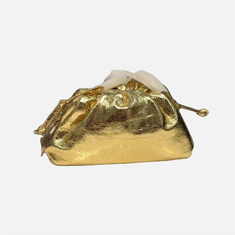 Gold Leather Clutch Bag for Women Ruched Pillow Dumpling Shoulder Crossbody Bag Party Purse for 2024 Trends
