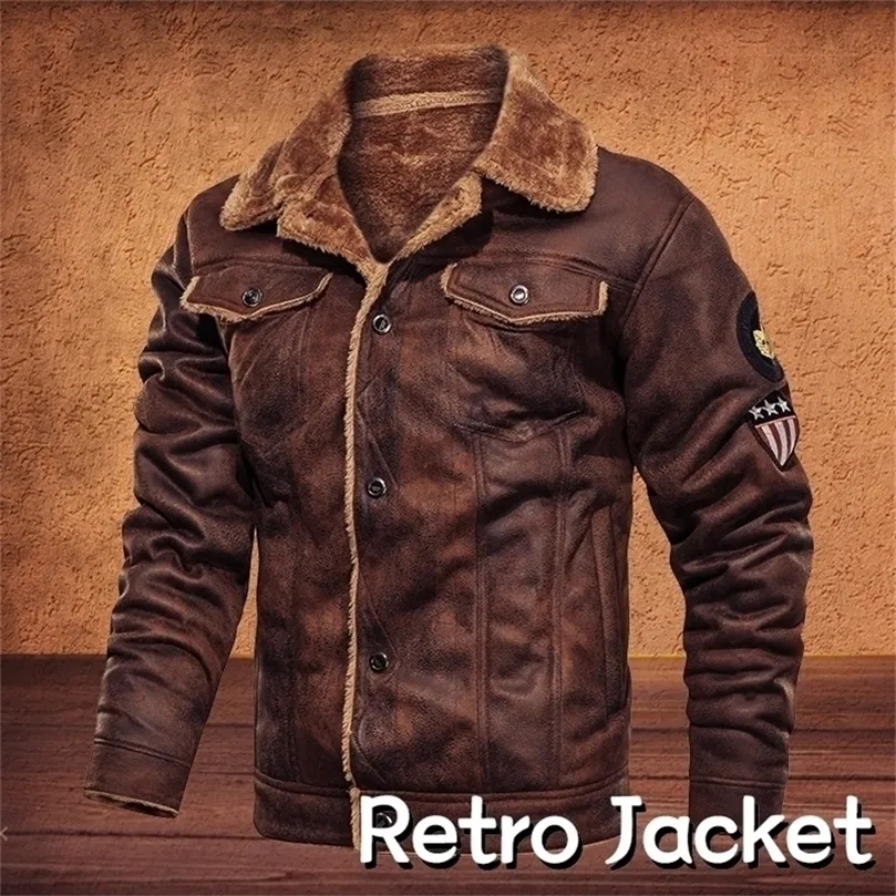 Mensjackor och rockar Retro Style Suede Leather Jacket Men Leather Motorcykeljacka päls fodrad varm kappa vinter sammet överrock 201127