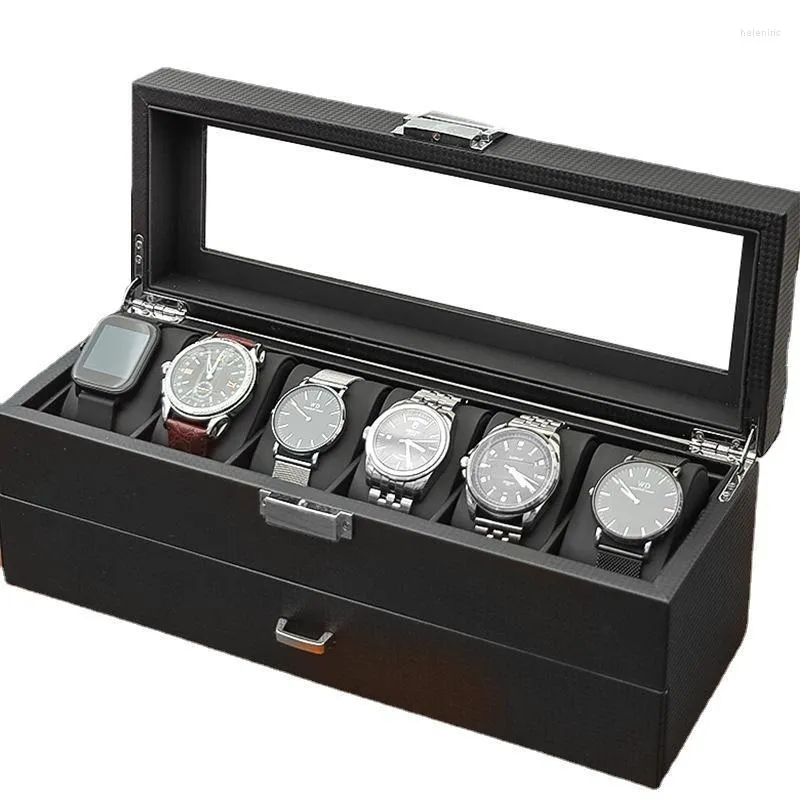 Montres Boîtes Cas Fibre De Carbone Pu Boîte En Cuir Noir 12 Fentes Tiroir Double Couche Organisateur De Stockage Cas Vitrine GiftWatch Hele22