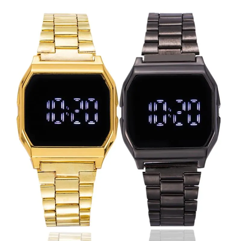 腕時計女性向けの高級時計LEDデジタル電子リストウォッチステンレス鋼の時計帯域ファッションゴールドシルバーメンズブレスレットウォッチウェリ