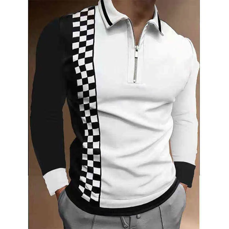 Spring Autumn Stripe Polo Shirts Men's Long Sleeve Streetwear Fashion Patchwork Casual Turn-Down Collar Zipper Tops Men Polo L220704