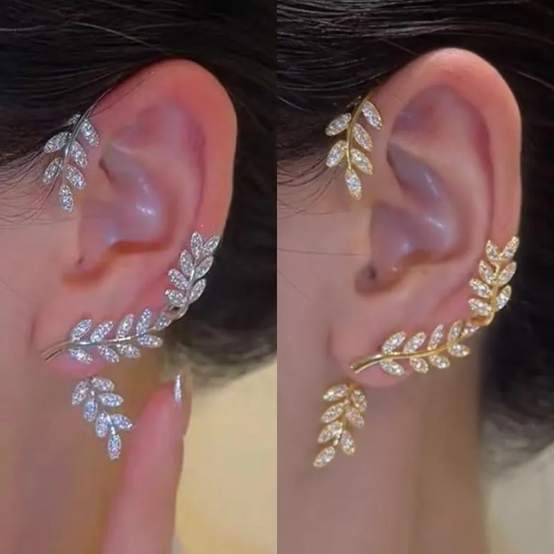Crystal Leaf Ear Cuff: Non-Piercing Clip-on Earrings Gold