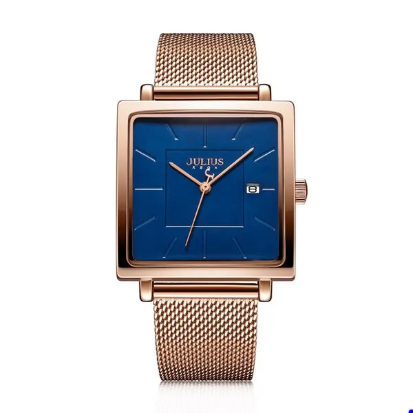 2022 Julius Nya rostfritt stål Mesh Band Women's Business Watch Square Stylish Quartz Wristwatch 30m vattentäta klockor