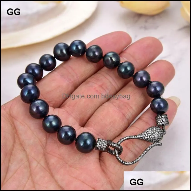 link chain jewelry 8`` 9-10mm black keshi round pearl braceletlink