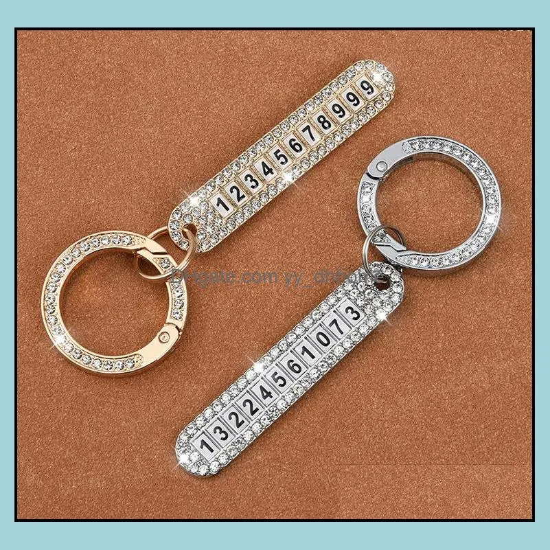 Party Favor Car diamond keychain pendant with anti-lost phone number plate men and women exquisite key chain