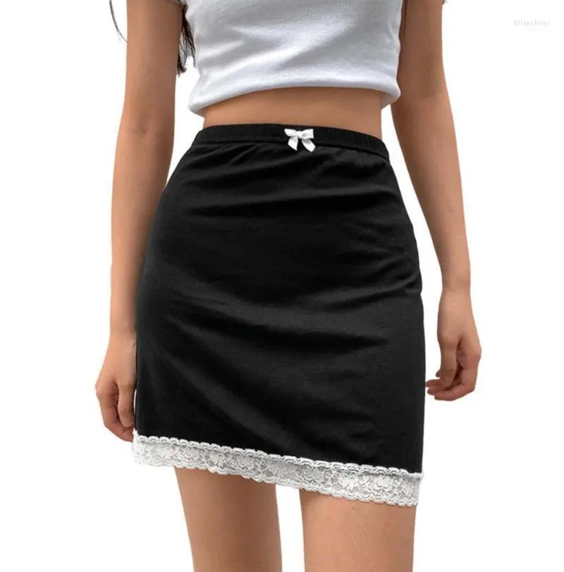 Women's Skirt Lace Hem Elastic Waist Bow Decoration Summer Leisure Short Dress For Female Skirts