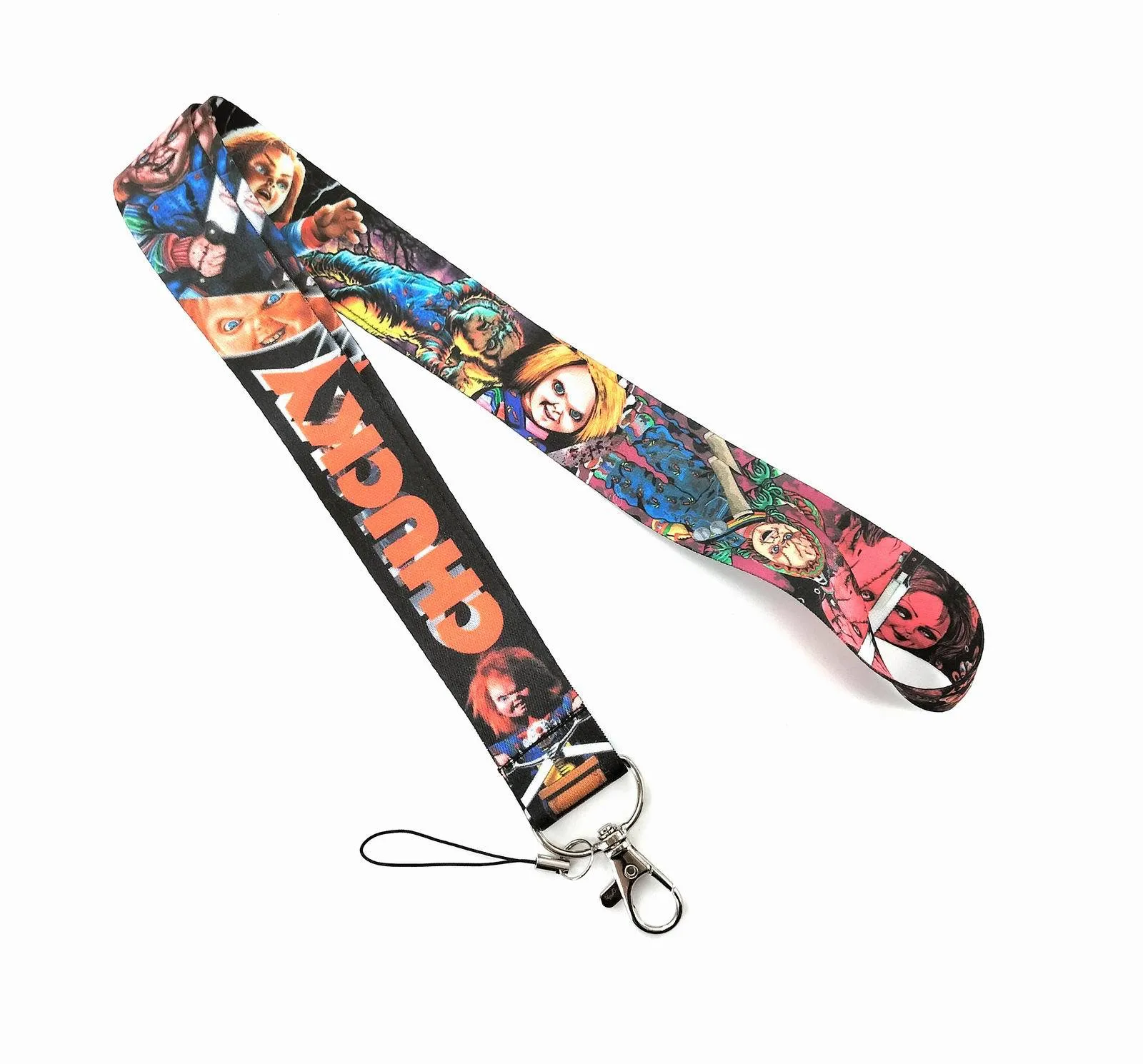 Halloween Keychains Filme de terror Chucky Face cordão para bolsas Chaves Chain Id Card Pass Phone Phone Charm Titular Straps Acessórios