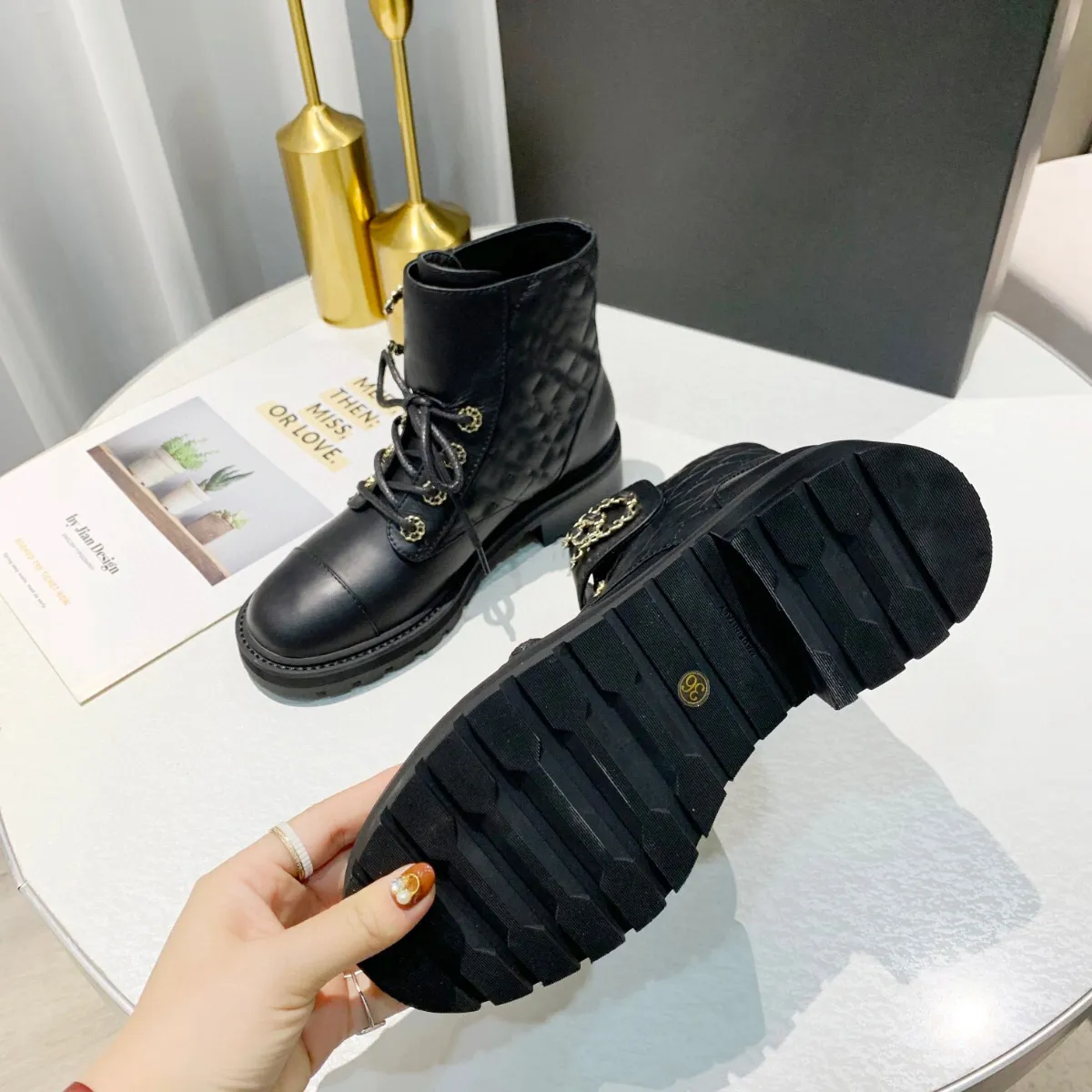 CHANEL CC Black Fashion Suburb Lace Up Platform Boots