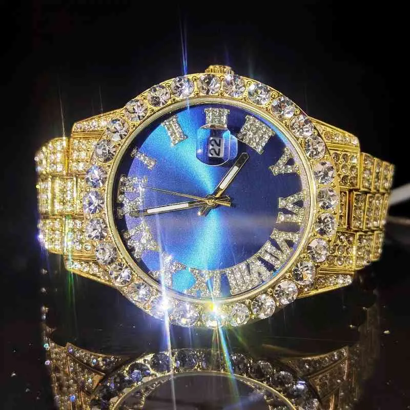 Missfox Big Diamnd Man's Watch Luxury Busins Blue Round Dial Wristwatch Man Stainls Steel Quartz Watch Gentleman Hiphop