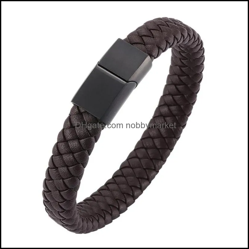 Cool Men Jewelry Black Brown Genuine Leather Bangle Bracelet with Stainless Steel Magnetic Buckle