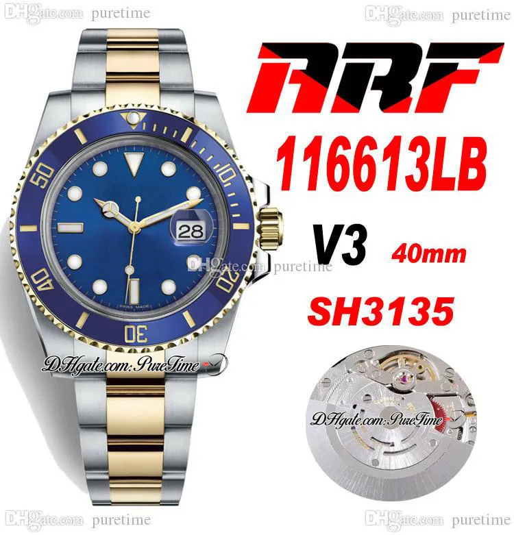 ARF V3 40 mm Datum SH3135 Automatik-Herrenuhr, zweifarbig, Gelbgold, blaue Keramiklünette, Zifferblatt 904L OysterSteel-Armband, Super Edition PTRX Puretime AB02