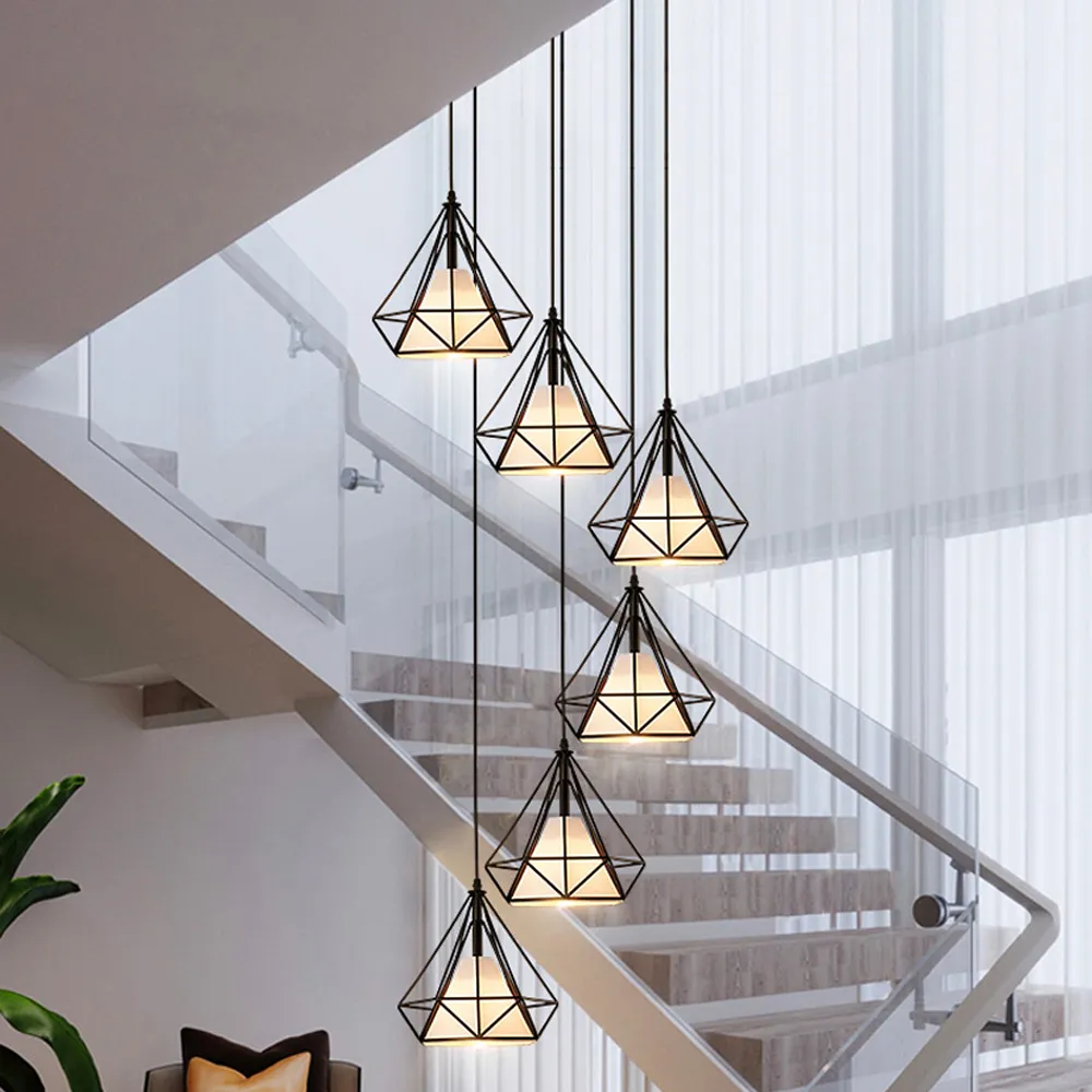 Diamond Rotating Stairs Chandelier Pendant Lamps Nordic Postmodern Simple Loft Duplex Leaping Stair Light Long Chandelier Stairwell