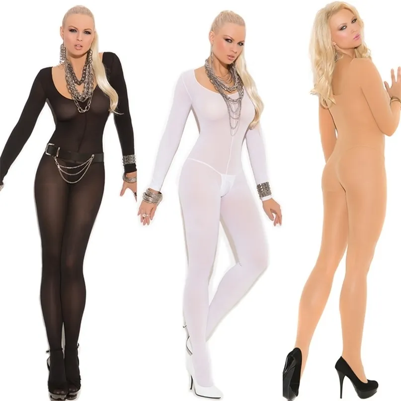 Crotchless Sheer Bodystocking Tam Vücut Külotlu Ultra-İnce Şeffaf Uzun Kollu Açık Kasık Kayışı Tayt Lingerie Teddy 220316