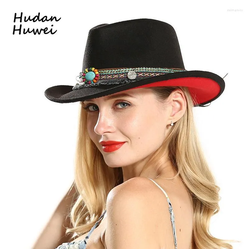 ファッションユニセックスの男性女性ブラックレッドパッチワークカウボーイフェルト帽子が大きいブリムパナマジャズフェドーラハットとナショナルスタイルのリボンワイドデルム22