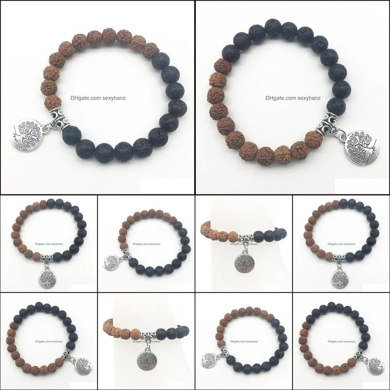 SN1310 Women`s Tree of Life Bracelet Natural Lava Stone Bracelet Balance Meditati Healed Rudraksha Bracelet Jewelry Wholesale