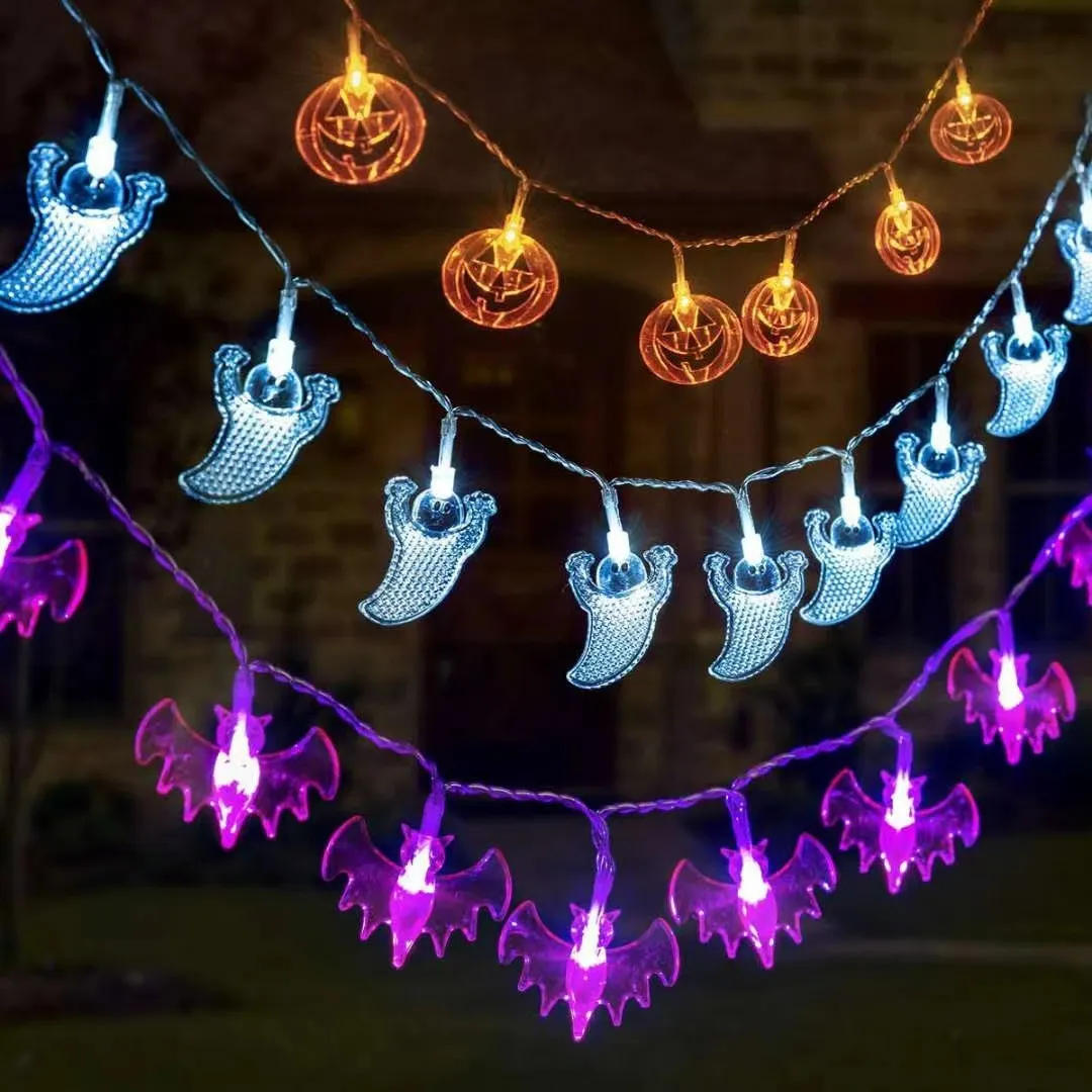 Outdoor Halloween Decorations Lights 1.5m/10pcs LED Pumpkin Spider Bat Skull String Light Battery Operated for Indoor Halloween Party