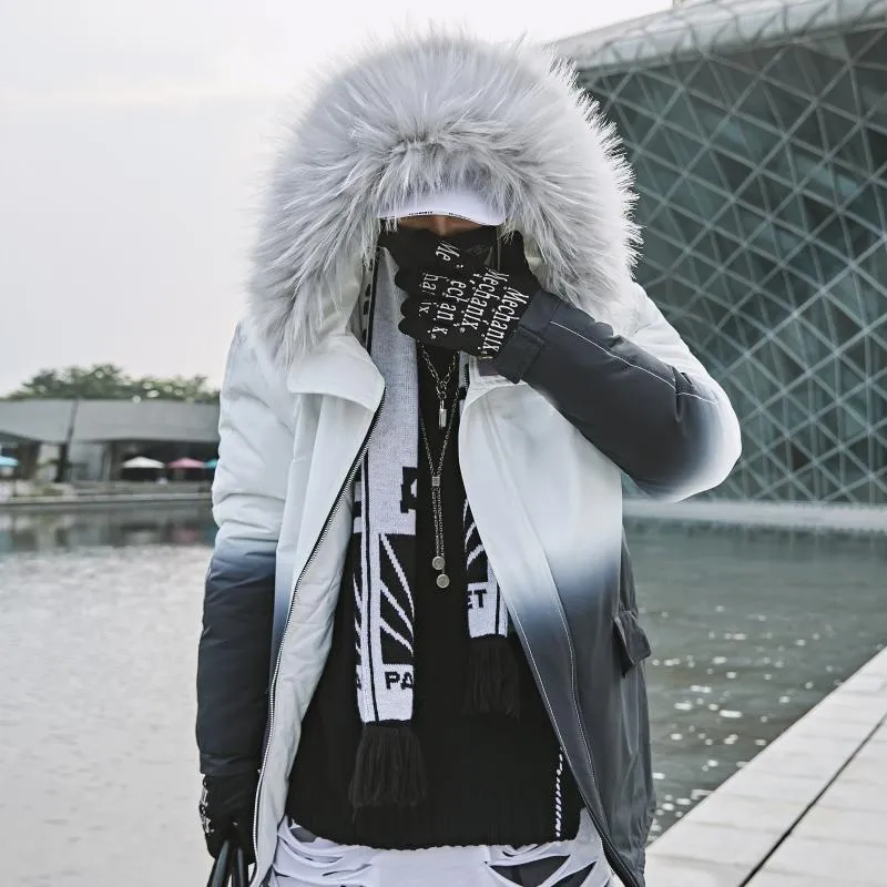 Piumino da uomo Parka 2022 Inverno Caldo Gradiente Uomo Donna Streetwear Giacche spesse Cappotto Moda Harajuku Felpa con cappuccio Collo di pelliccia Cappotti