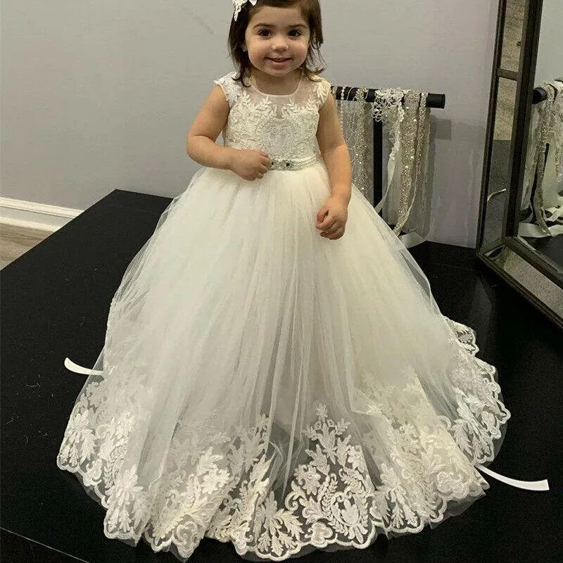 Robes de fille Robe de demoiselle d'honneur en dentelle blanche ivoire avec ceinture Communion Pageant Party Vêtements pour mariage Anniversaire Demoiselle d'honneur CustomGirl's