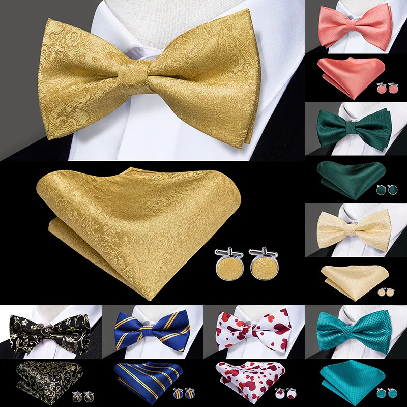 Hi-Tie Classic Black Bow Ties for Men 100% Silk Pre-bundna Bow Tie Pocket Square Cufflinks Set Set Floral Gold Bowties 220506