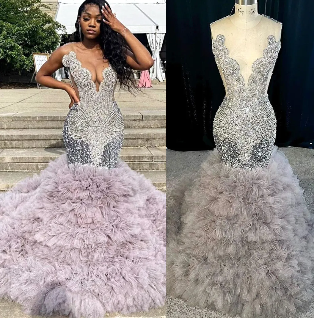 2022 Tallas grandes Árabe Aso Ebi Plata Lujosa sirena Vestidos de baile Cristales con cuentas Noche Fiesta formal Segunda recepción Cumpleaños Vestidos de compromiso Vestido ZJ623