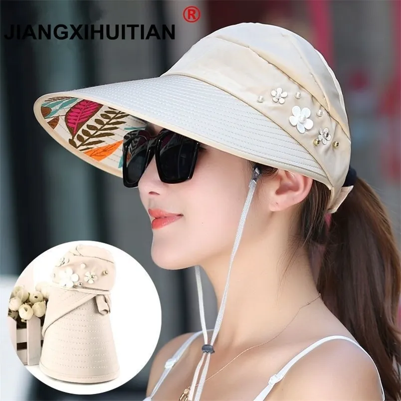 SimpleWomen Summer Sun Hats Pearl Paknable Sun Visor z dużymi głowami szerokie grzbiet dziewcząt plażowy kapelusz UV Protection Cap 220629
