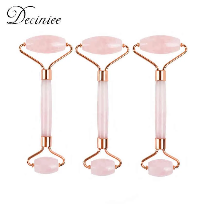 3pcs Natural Rose Quartz Facial Jade Stone Roller Set for Rejuvenate Face Neck Remove Wrinkles 3 Types Massage220429