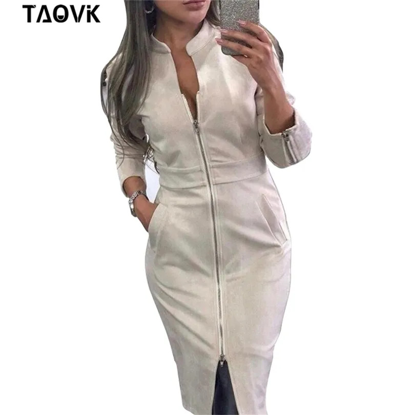 TAOVK Women's Dress Long Sleeve Bodycon Zippers Vintage Stand Collar Office women's Dresses 210401