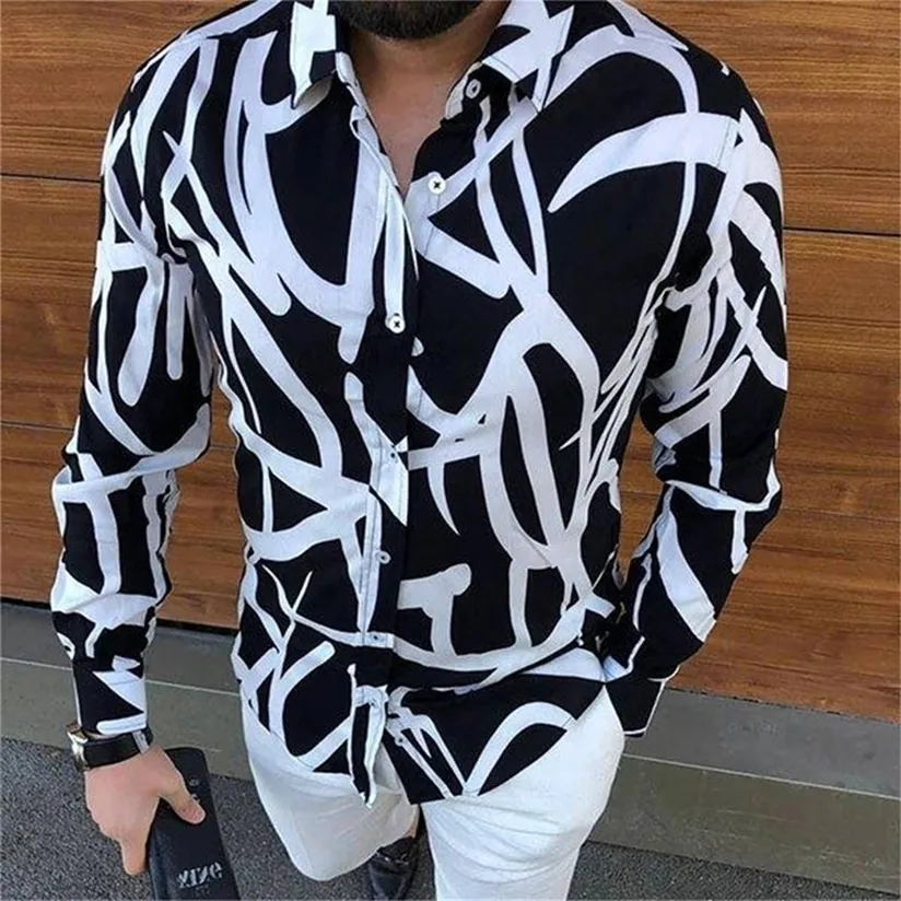 Punk Style Men's Silk Satin Black White stripe printing Shirts Male Slim Fit Long Sleeve Flower Casual Party Shirt Tops 220330