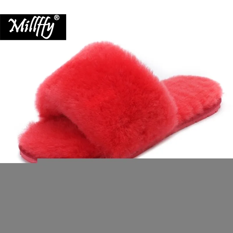 Millffy Wool Fur Forn Home Slippers Air Climing Room Splippers en peau de mouton Slippétes de fourrure Chaussures Y200107